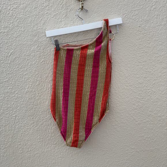 SUBOO $260 Jacquelyn Gold Pink Metallic Stripe One Shoulder One Piece Swimsuit - Picture 9 of 9